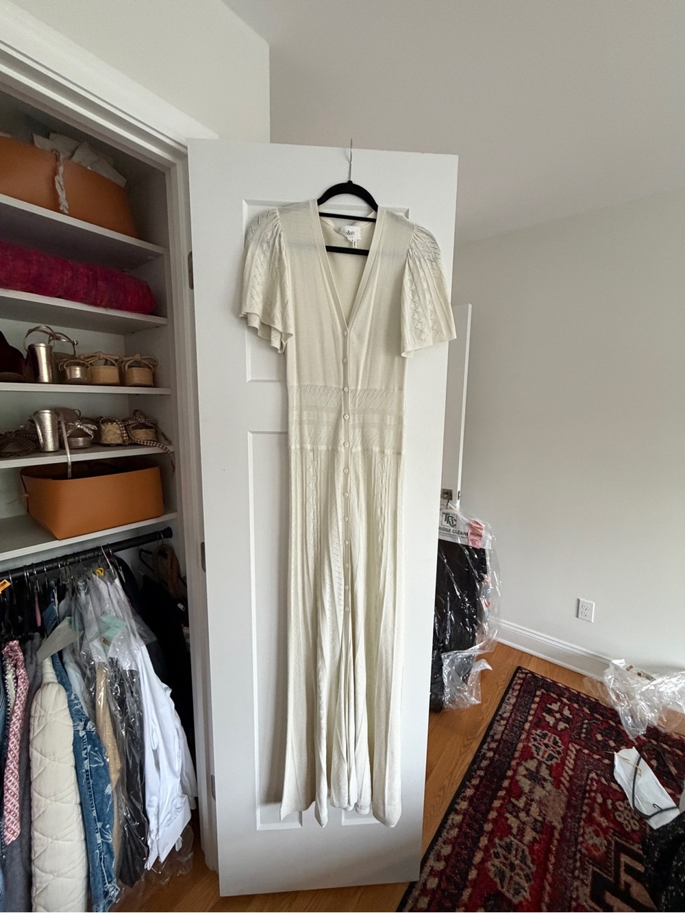 ba&sh Cream Button-Front Maxi Dress with Flutter Sleeves